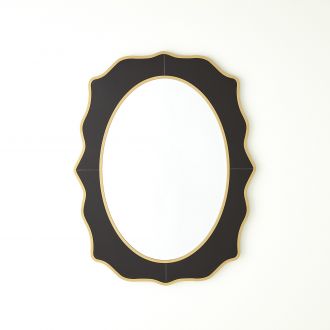 Oval Beveled Mirror with Black Glass Surround Framed in Gold